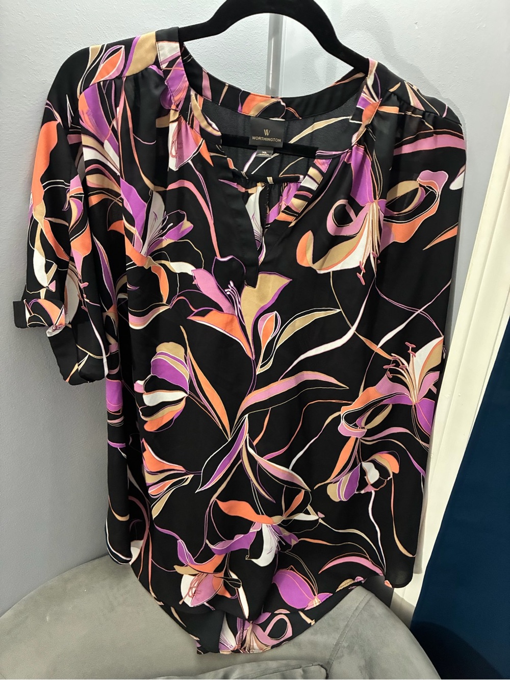 Worthington Black Floral Split-Neck Tunic with Purple & Orange Accents